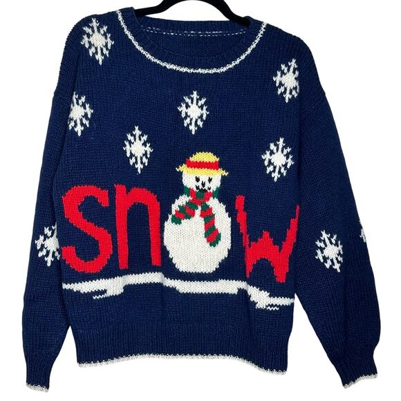 Handmade Sweaters - Vintage Snow Snowman Hand Knit Chunky Sweater Size Medium Large see description